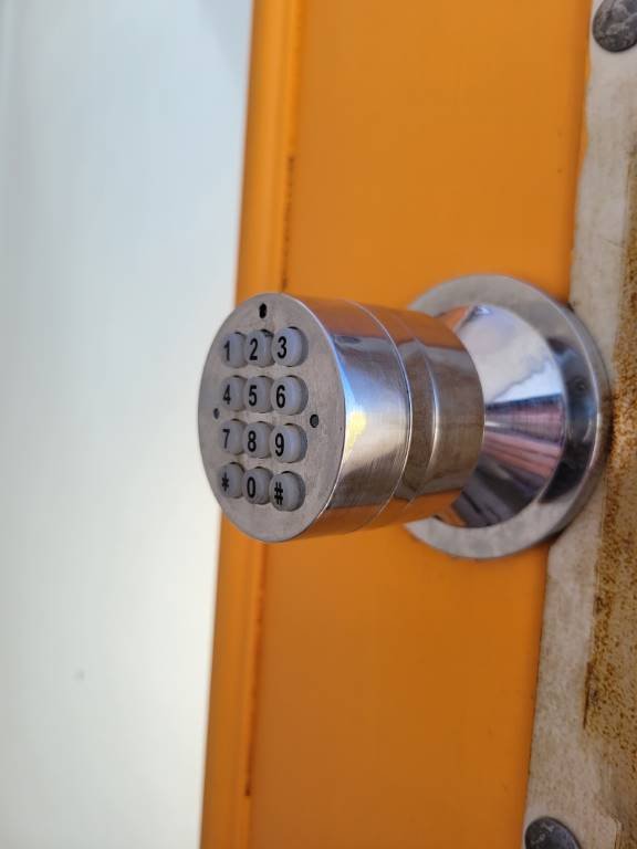 Keypad entry lock installed on a residential door